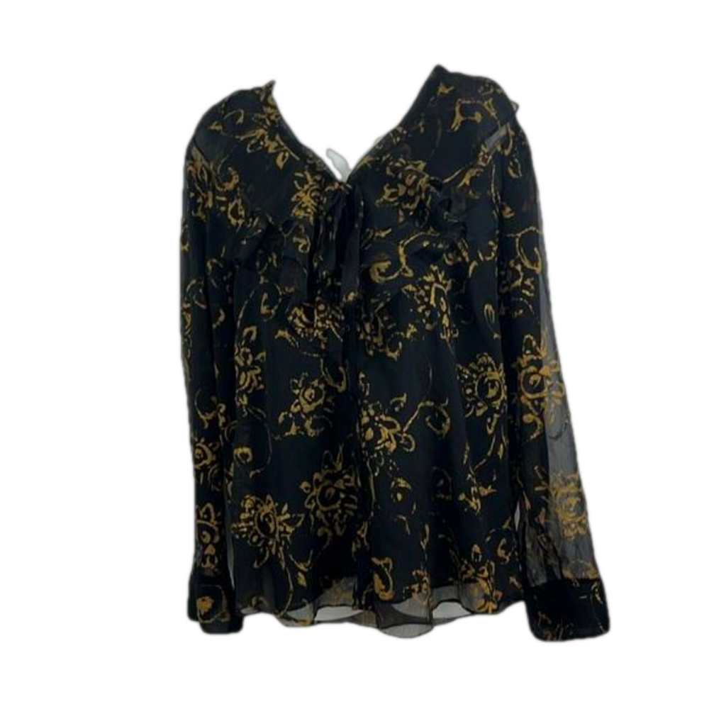 Lauren Ralph Lauren Black Sheer Ruffled Black and Gold Blouse